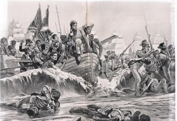 キャッセル、ロンドン、c.1010によって発行された「ブリティッシュバトルオブランドアンドシー」からのイラスト、アブキール湾のイギリス軍の着陸